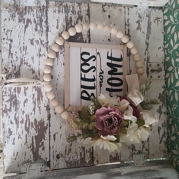 Floral beaded Wreath With Bless our Home farmhouse sign - Picture 1 of 4